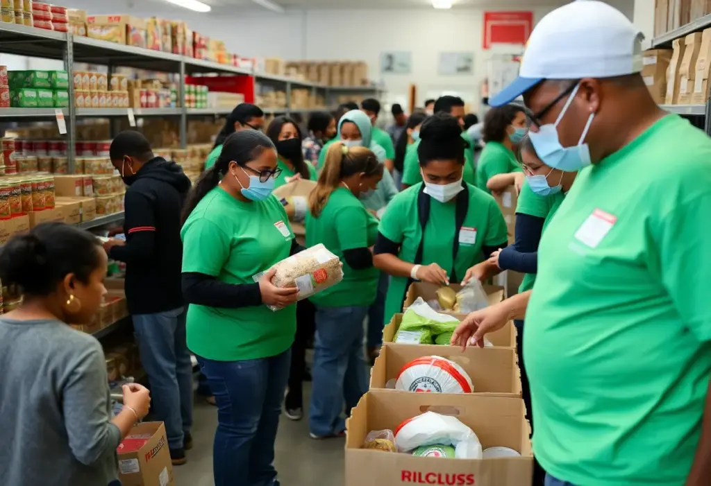 Volunteers at a Houston food pantry helping families during SNAP benefit cuts.