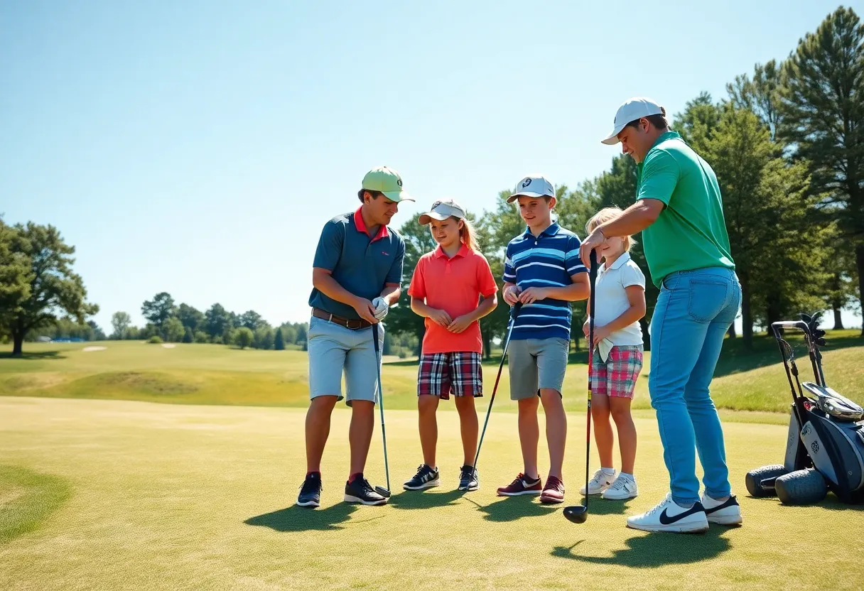 Young golfers practicing on a sunny golf course