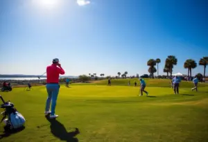 A vibrant golf course scene showing golfers in action during a tournament.