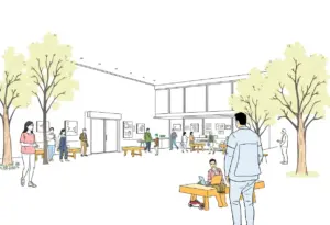 Conceptual image of a community center for homeless support in Houston.