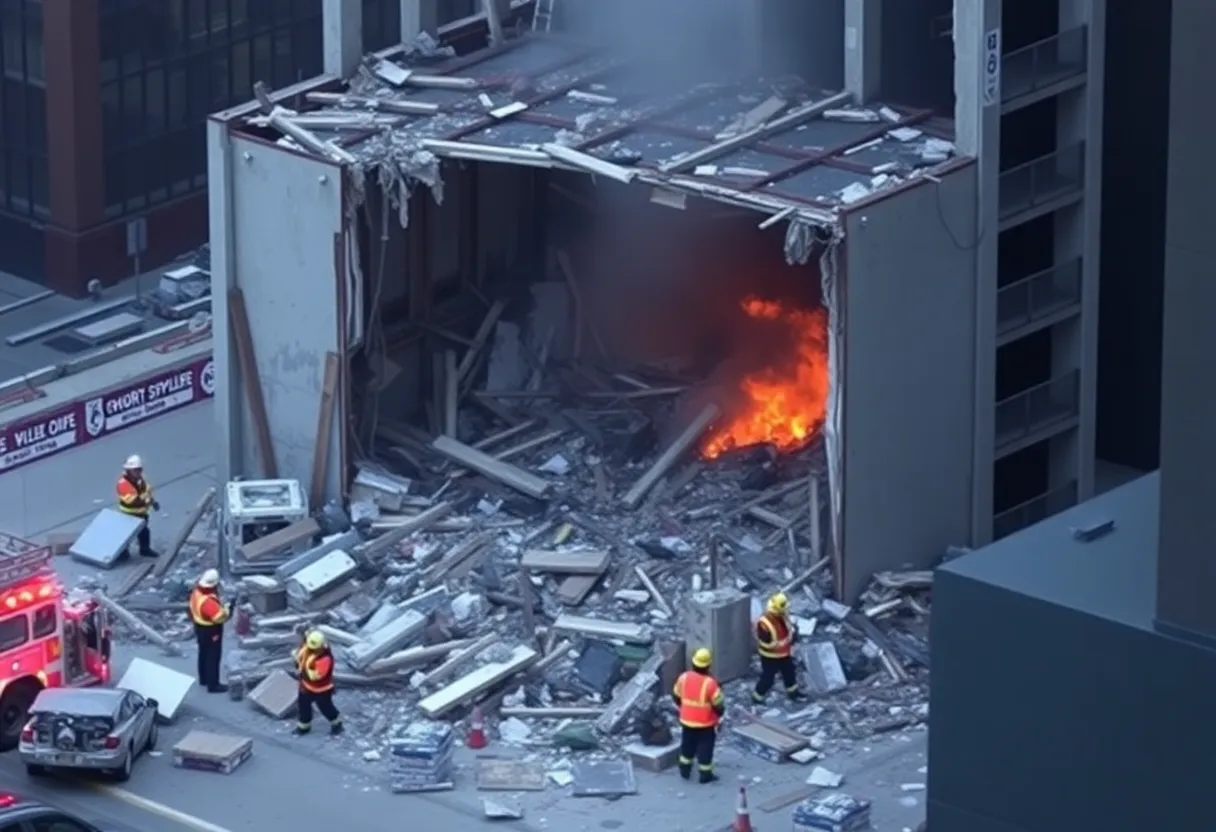 Emergency responders at a damaged construction site in Houston