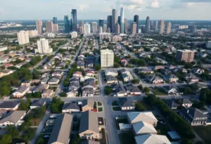 Aerial view of Houston showing residential neighborhoods and skyline