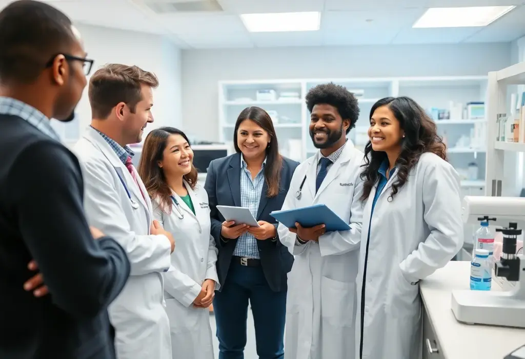 Researchers collaborating in a kidney research laboratory