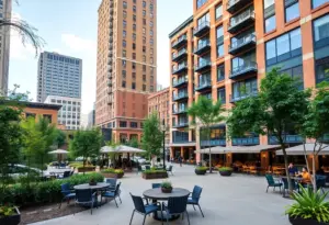 A view of the revitalized Houston Market Square featuring a park, restaurants, and hotel.