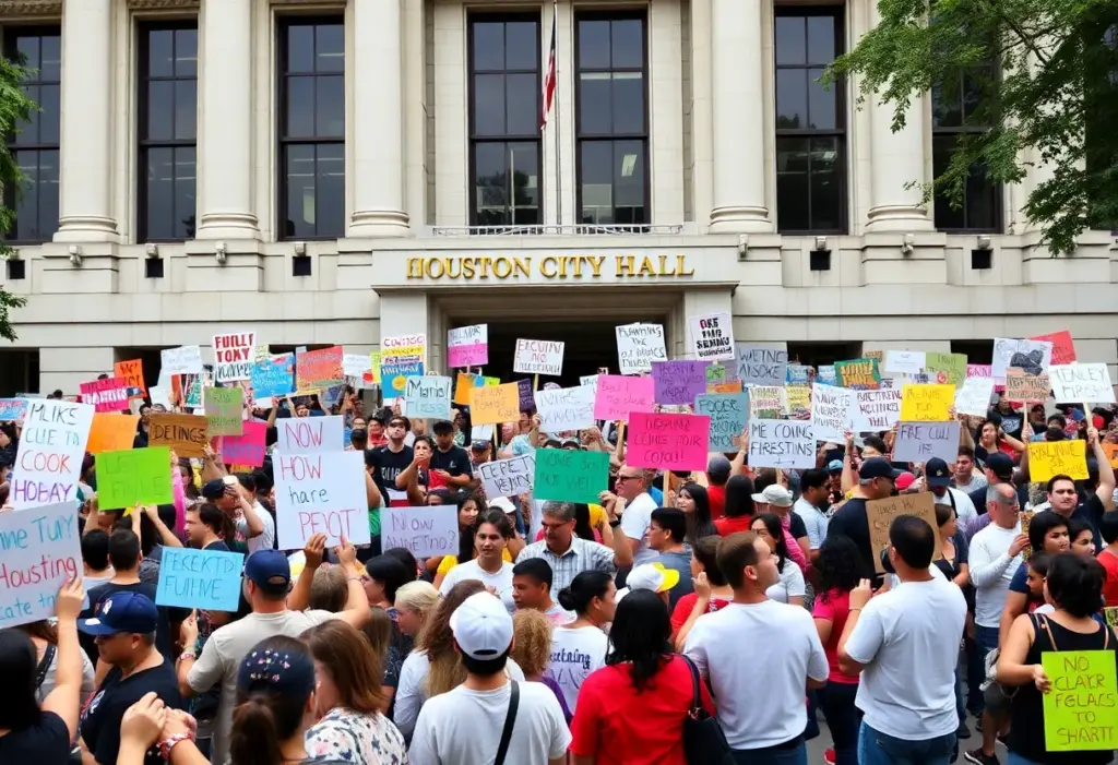 Crowd of protesters at Houston City Hall holding signs.