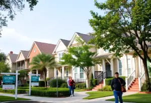 A view of homes in a vibrant Houston neighborhood.
