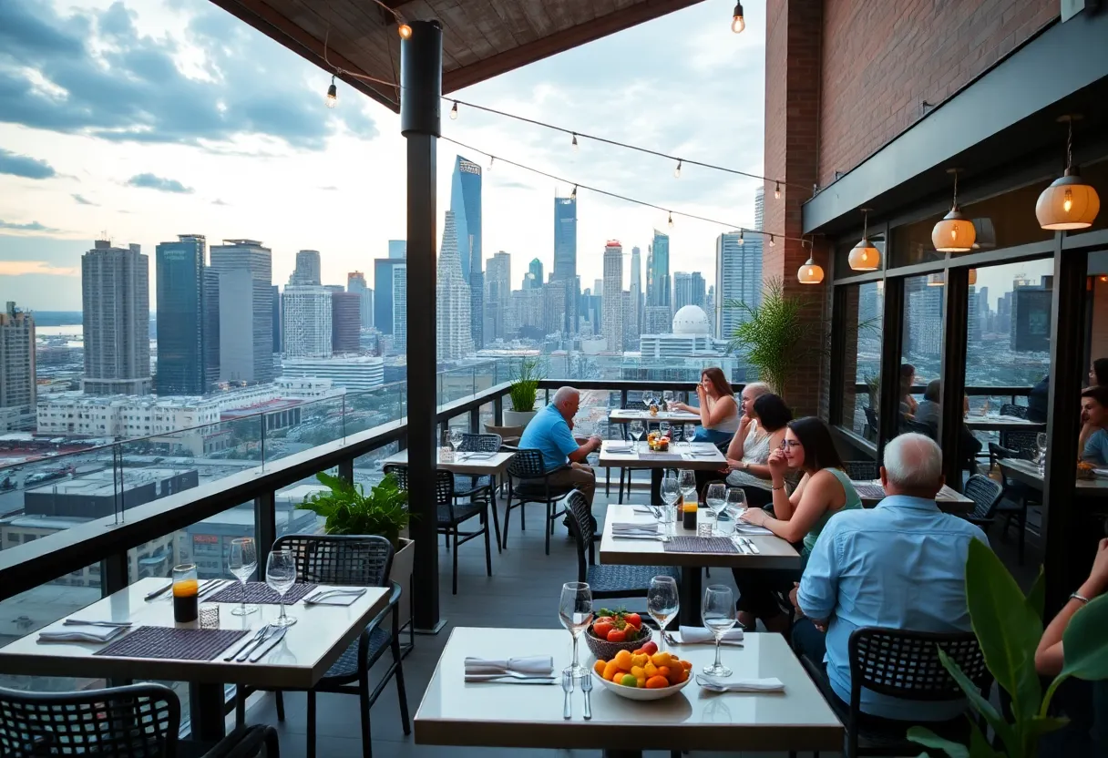 Guests enjoying food and drinks on a rooftop in Houston with a city skyline backdrop