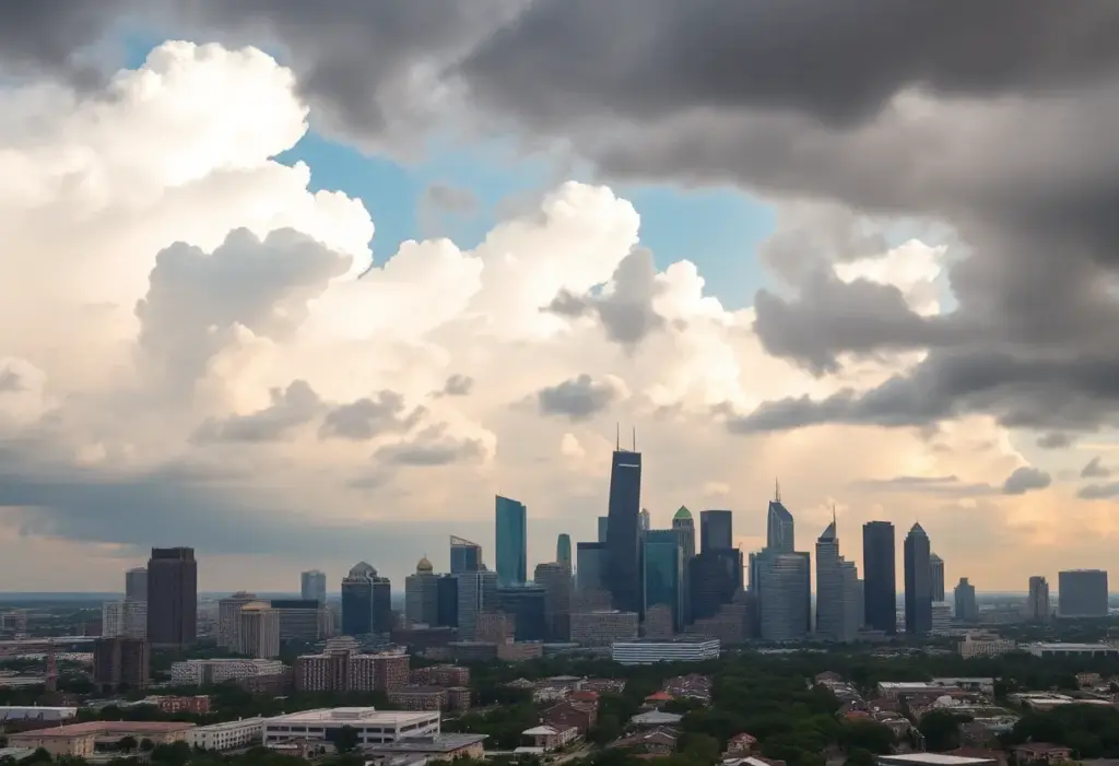 Houston skyline against a backdrop of cloudy skies indicating a temperature drop