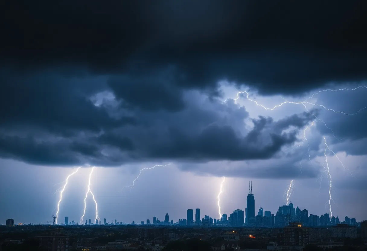 Severe thunderstorms over Houston skyline with lightning