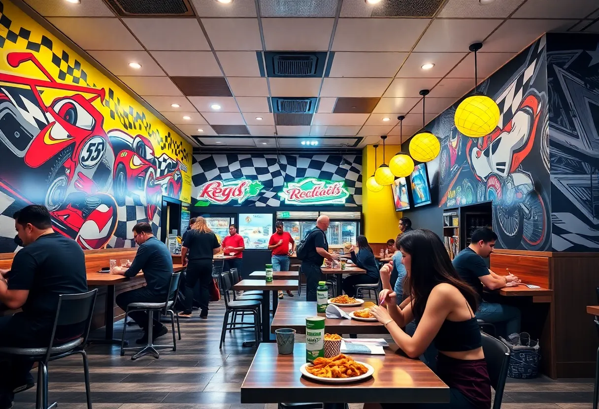 Interior view of Houston TX Hot Chicken with colorful murals and diners