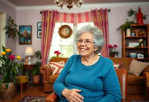 An elderly woman showcasing vitality and independence in her living space