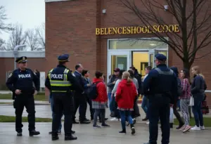 Police officers managing an evacuation at Lowell High School