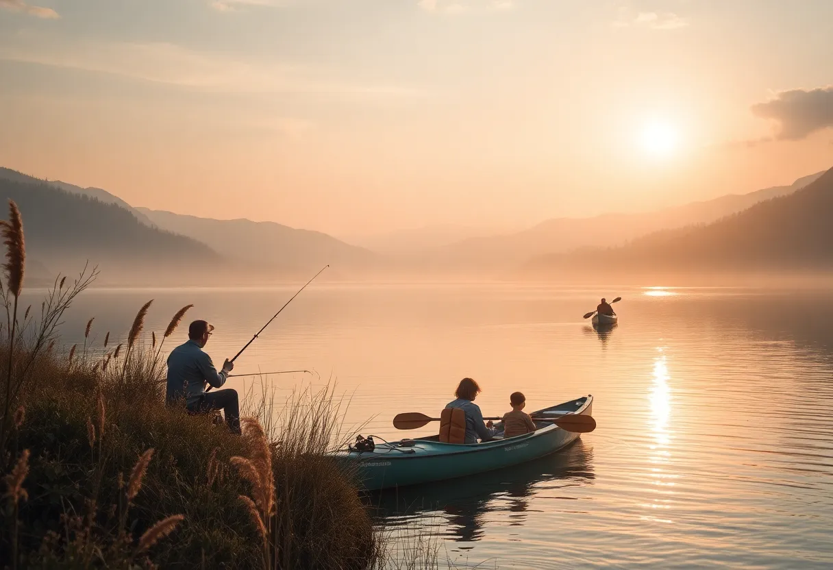 A peaceful natural lake landscape representing adventure and family bonds.