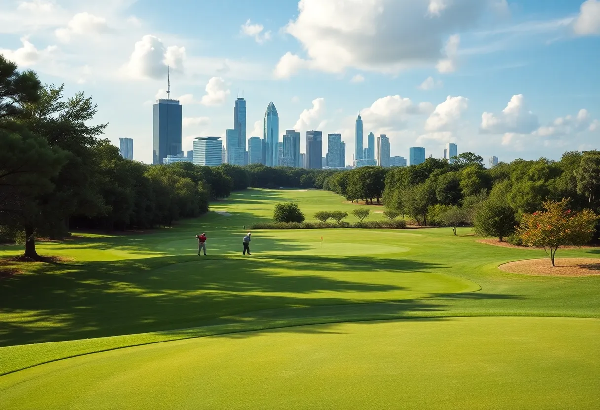 Golfers playing at Memorial Park Golf Course with Houston skyline in the background