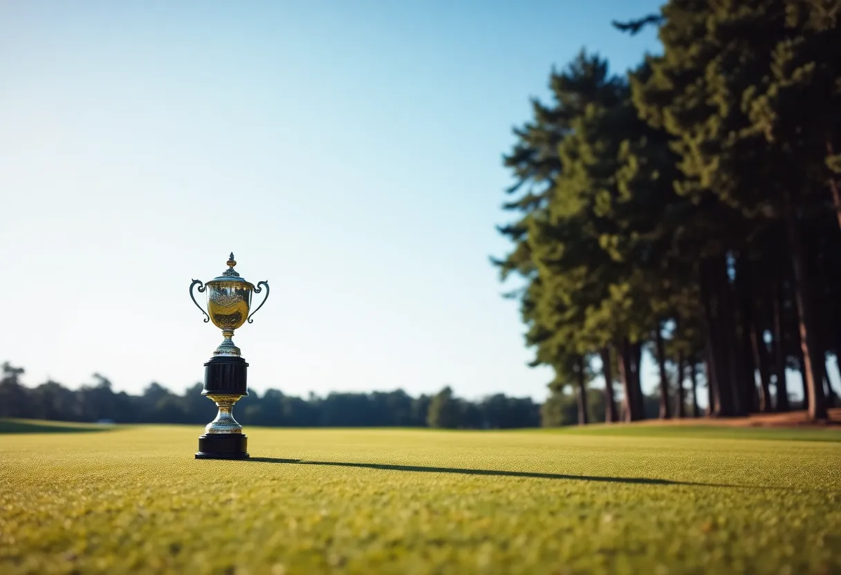 Trophy on a golf green representing a victory.