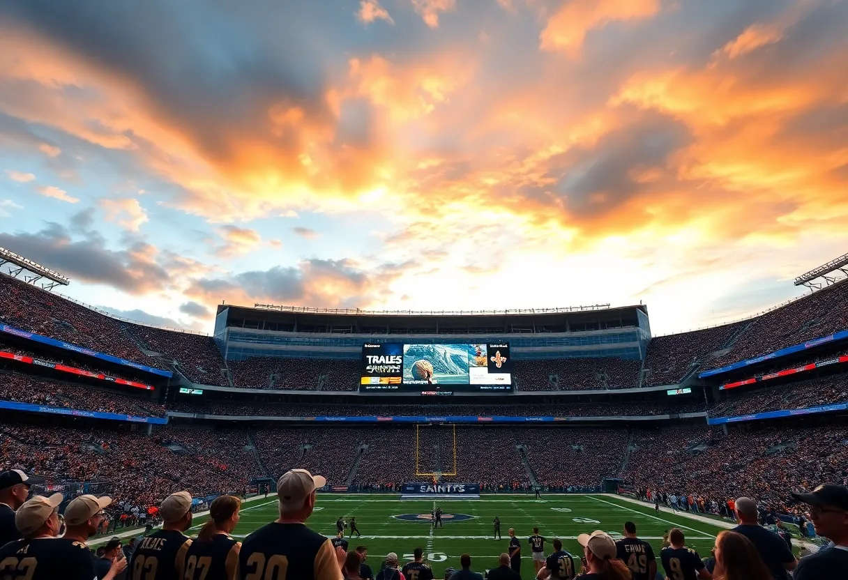 Saints fans cheering in a stadium during game time