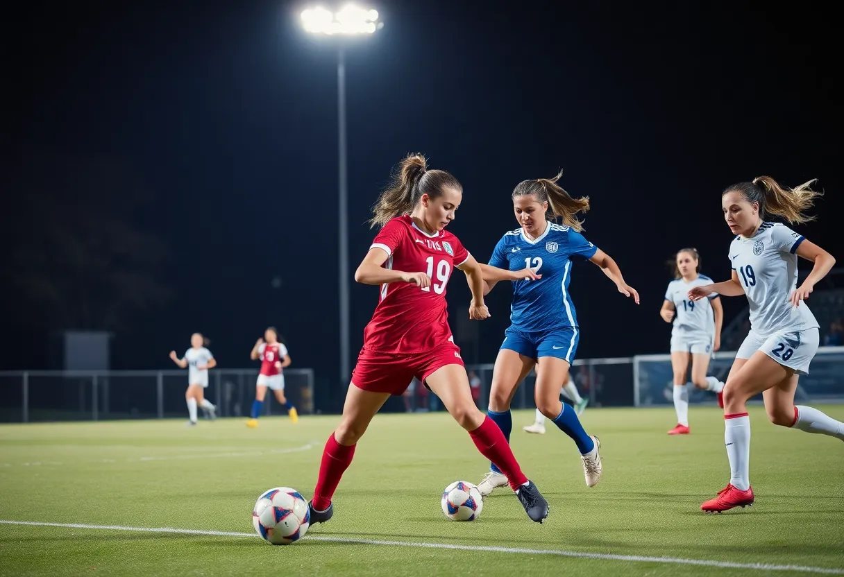 Orlando Pride players in action against Houston Dash during a women's soccer match.