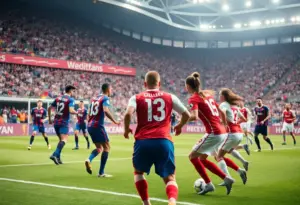 Action shot of a soccer match between Orlando Pride and Houston Dash.