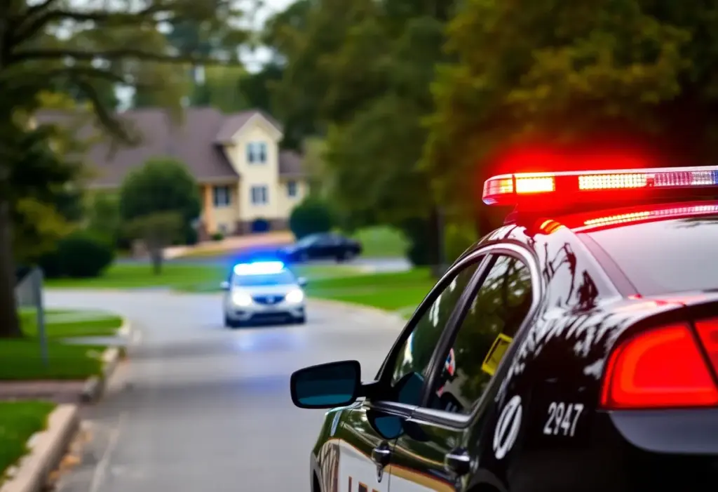 Police car with flashing lights in a suburban area