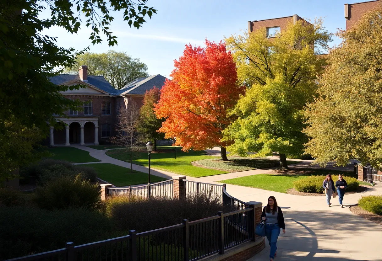 A view of Rice University's campus with students and beautiful fall foliage.