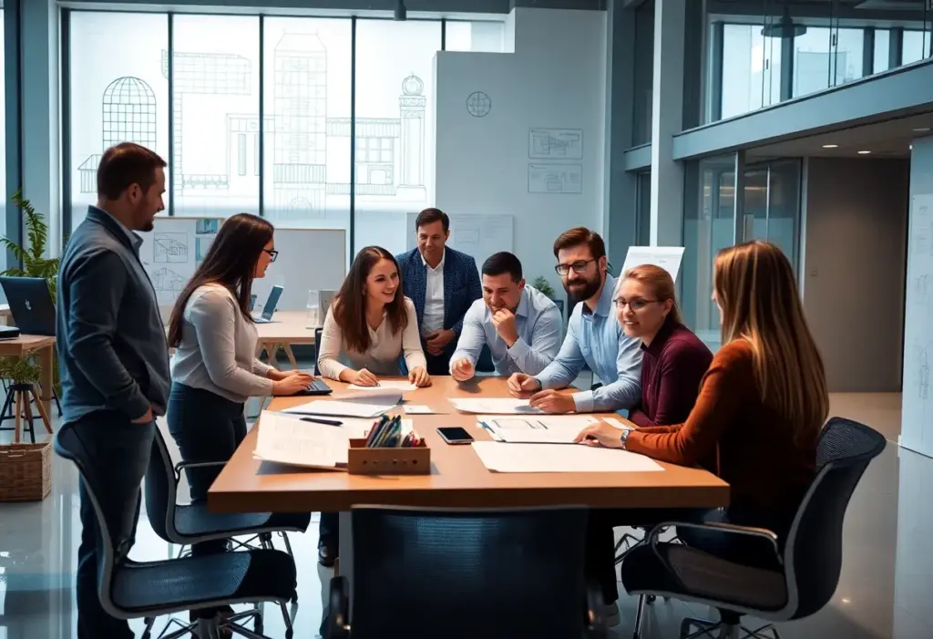 Architectural office environment with team collaboration