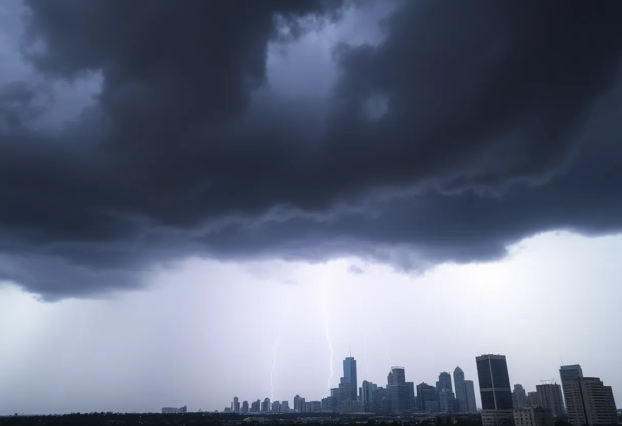 Severe thunderstorms over Houston city skyline with dark clouds and rain