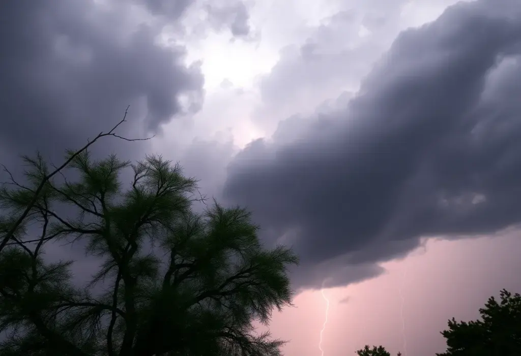 Dark storm clouds over Houston with lightning strikes