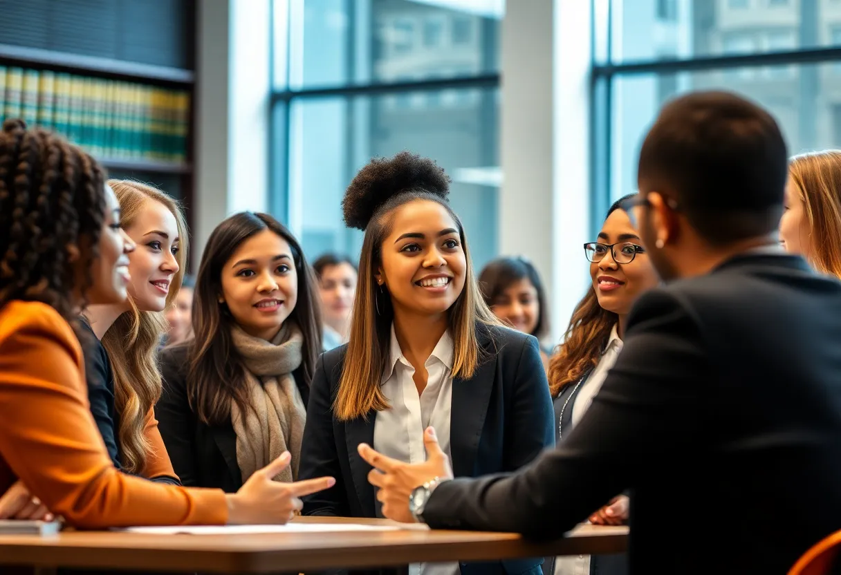 A diverse group of students at South Texas College of Law Houston discussing in a classroom.