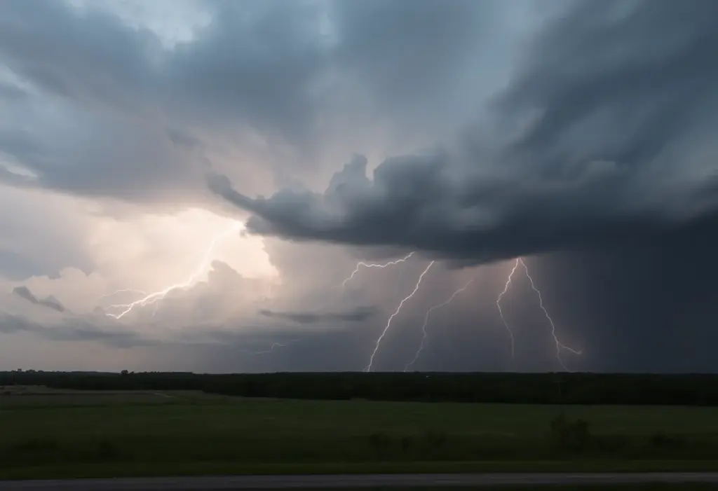 Storm clouds and lightning over Southeast Texas