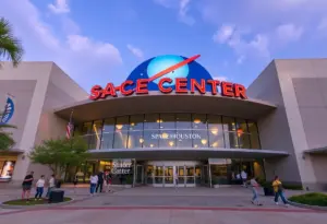 Exterior view of Space Center Houston with visitors