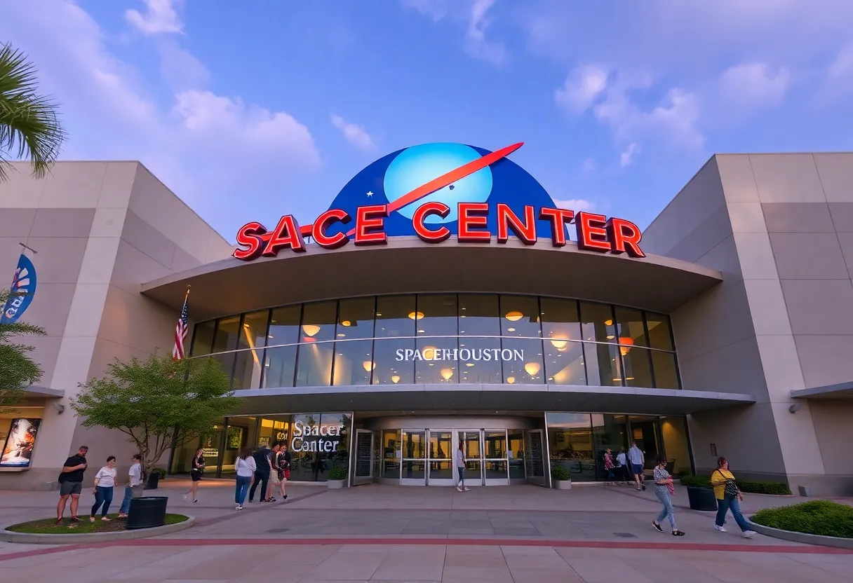 Exterior view of Space Center Houston with visitors