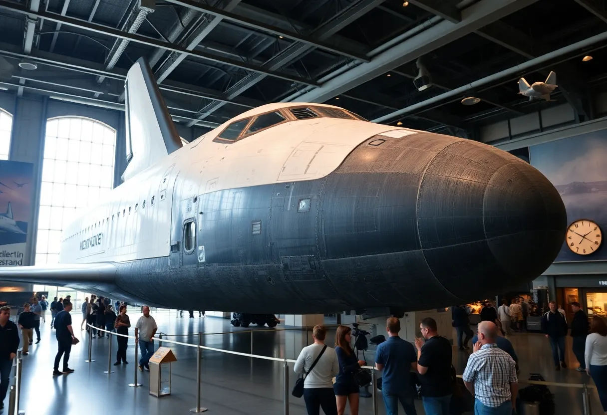 Space Shuttle Discovery on display surrounded by visitors at a museum.