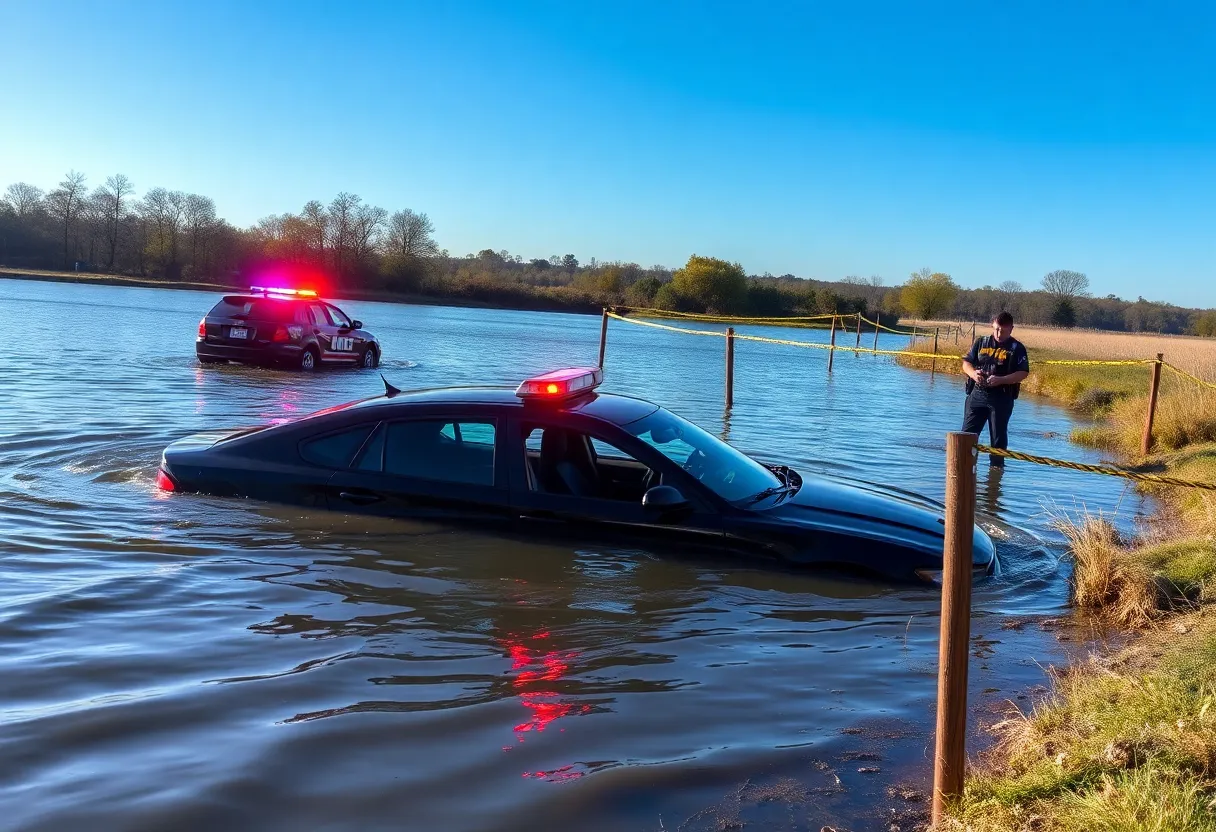 Scene of a police pursuit with a submerged vehicle in a lake