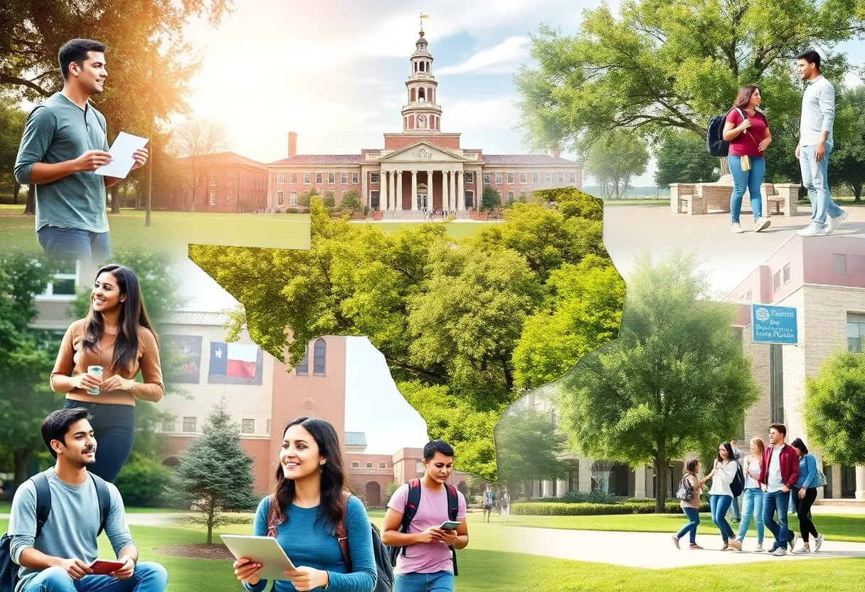 Collage of Texas college campuses with diverse students