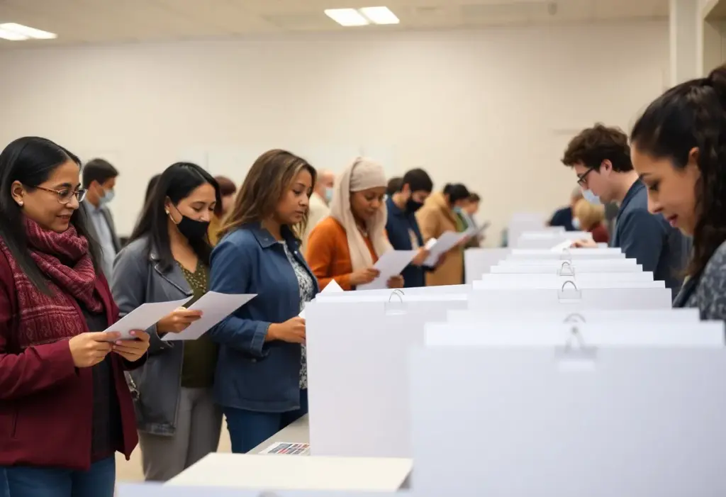 Diverse voters participating in elections at a polling location in Texas.