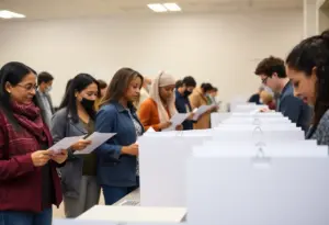Diverse voters participating in elections at a polling location in Texas.