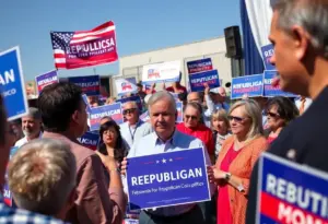 Political scene representing the Texas GOP Primaries with candidates and campaign signs