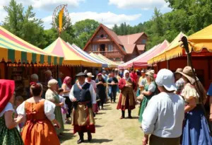 Scene from the Texas Renaissance Festival with colorful costumes and lively activities