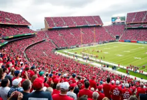 Fans cheering at a college football game between Texas Tech and Kansas.