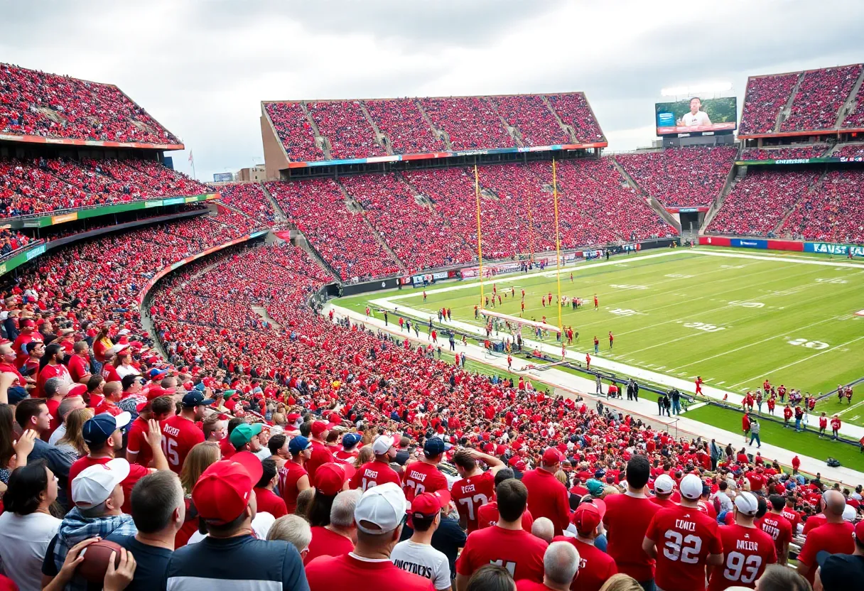 Fans cheering at a college football game between Texas Tech and Kansas.