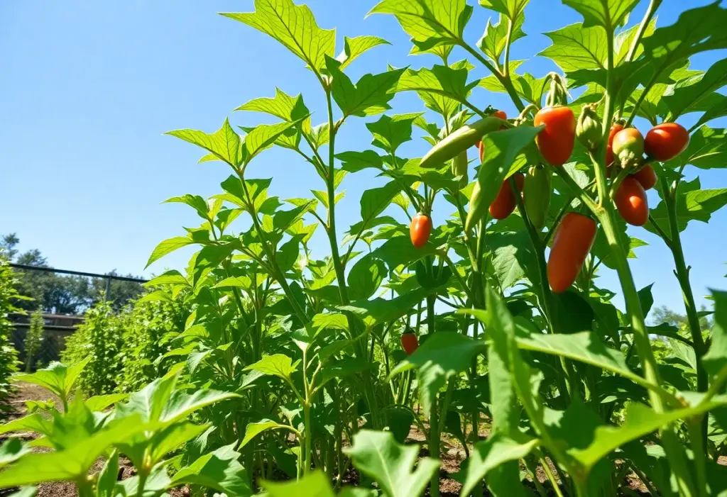 A flourishing vegetable garden in Houston, showcasing heat-tolerant plants under the bright sun.