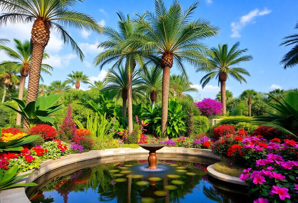 Lush tropical landscape in Houston with palm trees and flowers