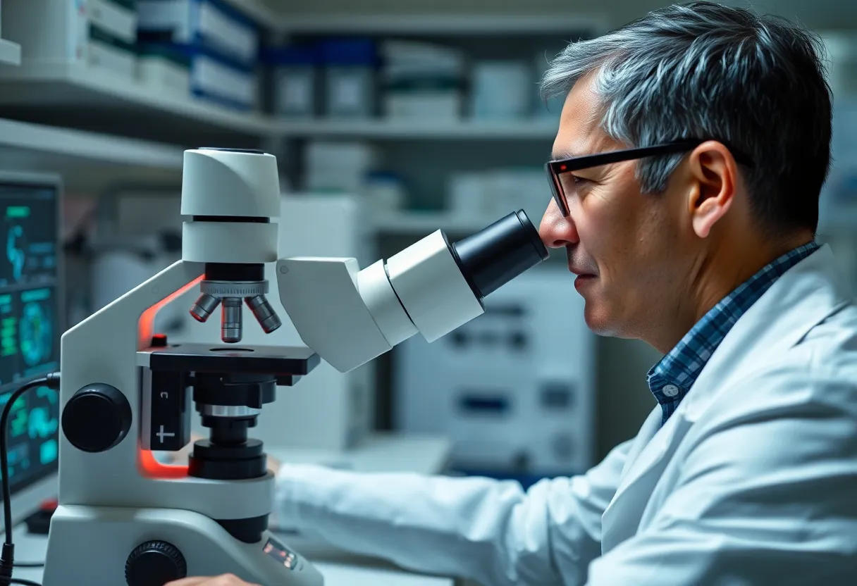 A scientist examining brain immune cells related to Alzheimer's research.