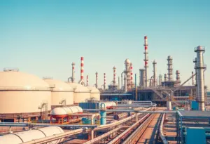 Depiction of an energy refinery with tanks and pipelines representing the energy sector in Houston.