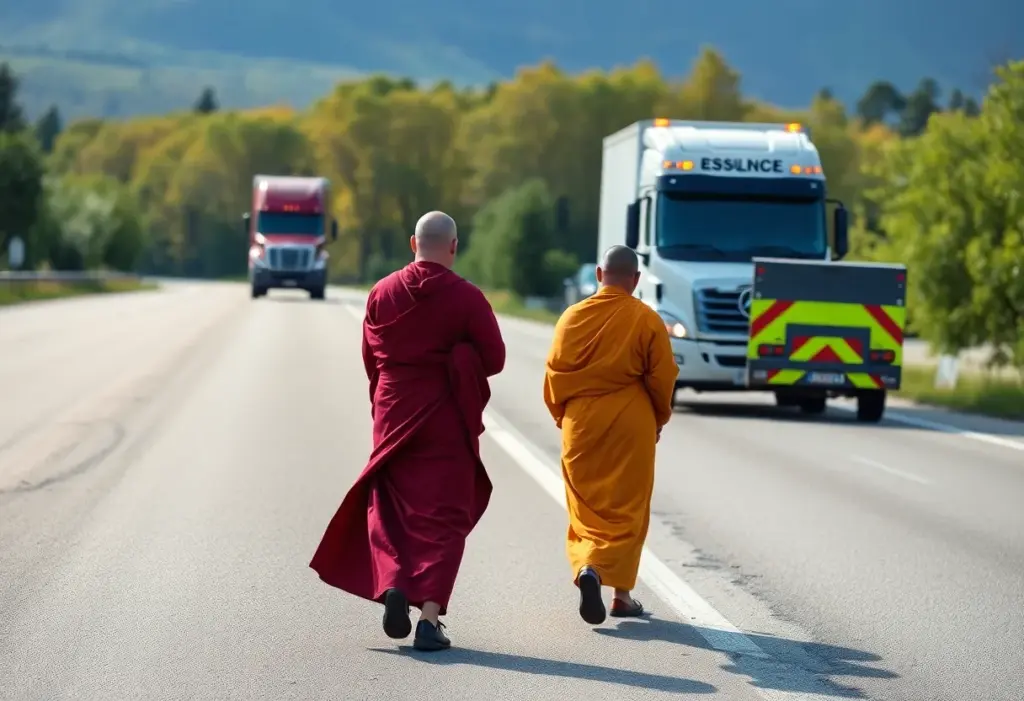 Buddhist monks walking along a highway during their peace journey