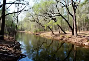 A scenic view of Cypress Creek surrounded by trees and water.