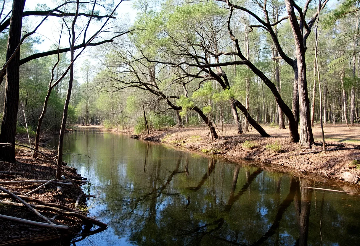 A scenic view of Cypress Creek surrounded by trees and water.