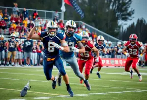 High school football players in action during playoffs