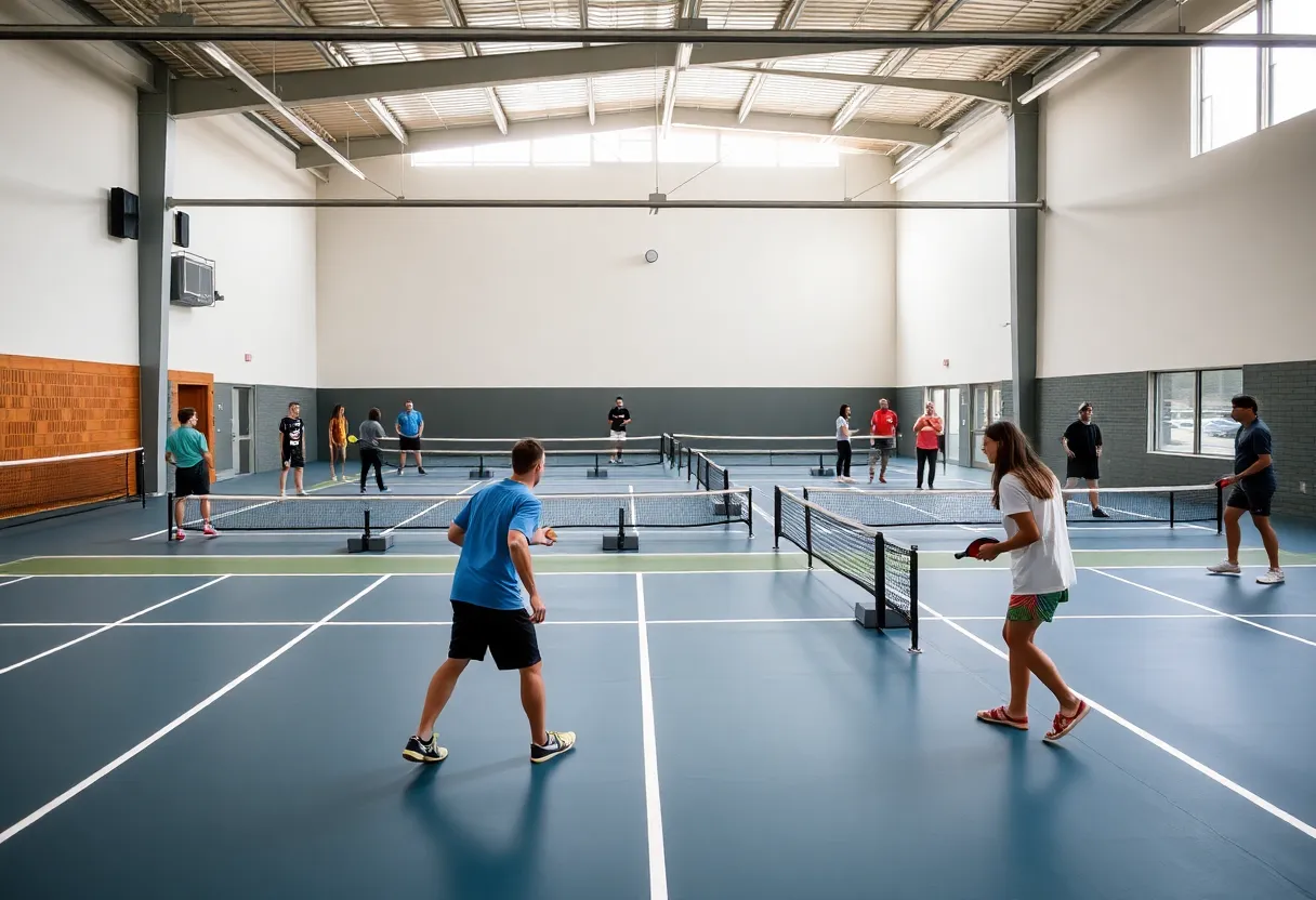 Interior view of Diamond Boyz Pickleball Social with players on LED-lit courts