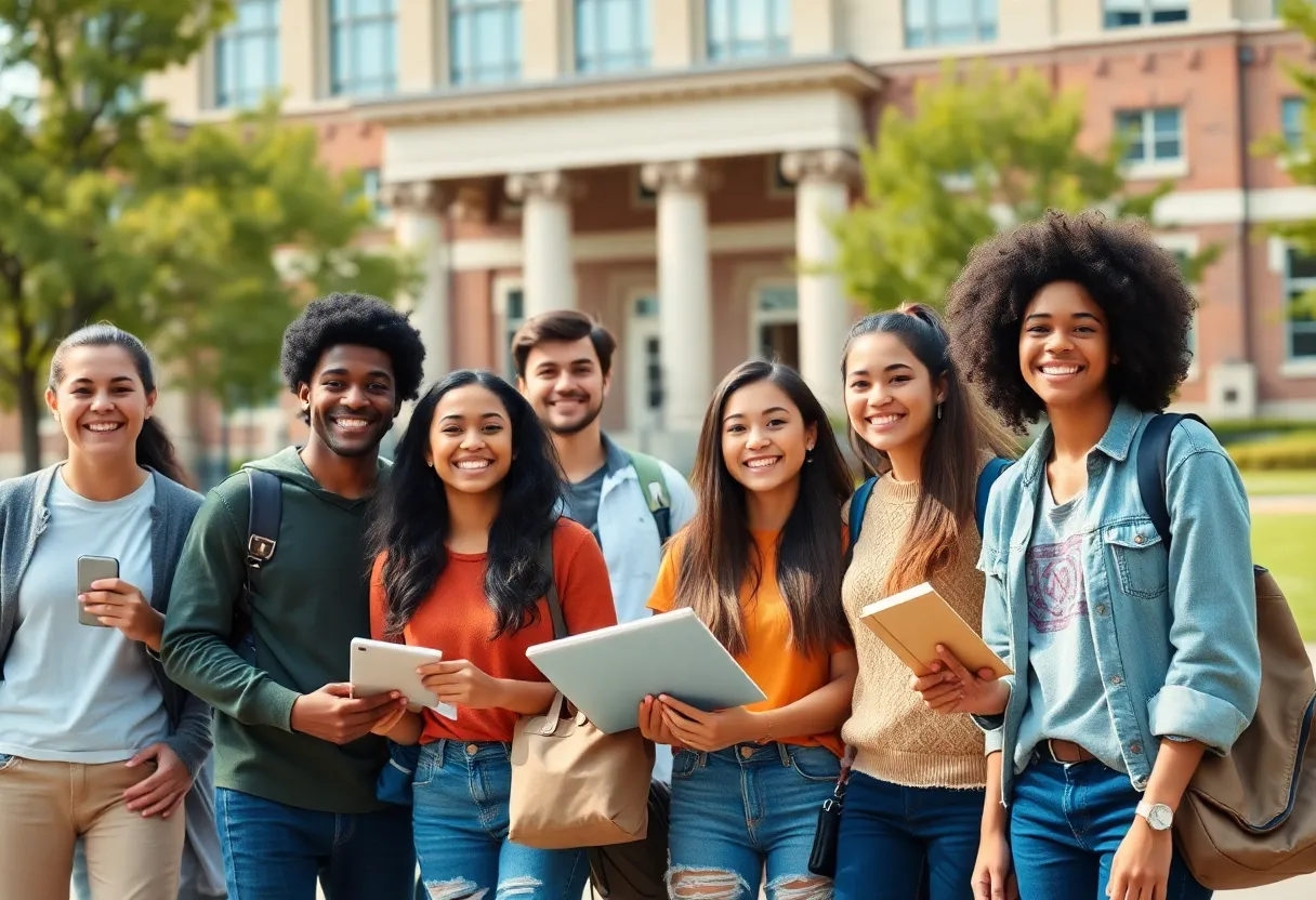 Group of diverse college students enjoying campus life.